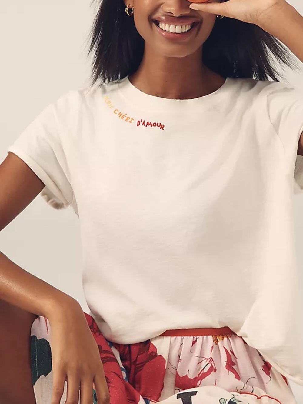 Maeve Cream Short-Sleeve Tee with Red & Gold Script
